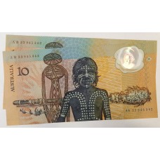 AUSTRALIA 1988 . TEN 10 DOLLARS BANKNOTE . FRASER / JOHNSTON . CONSEC PAIR . LAST PREFIX AB33